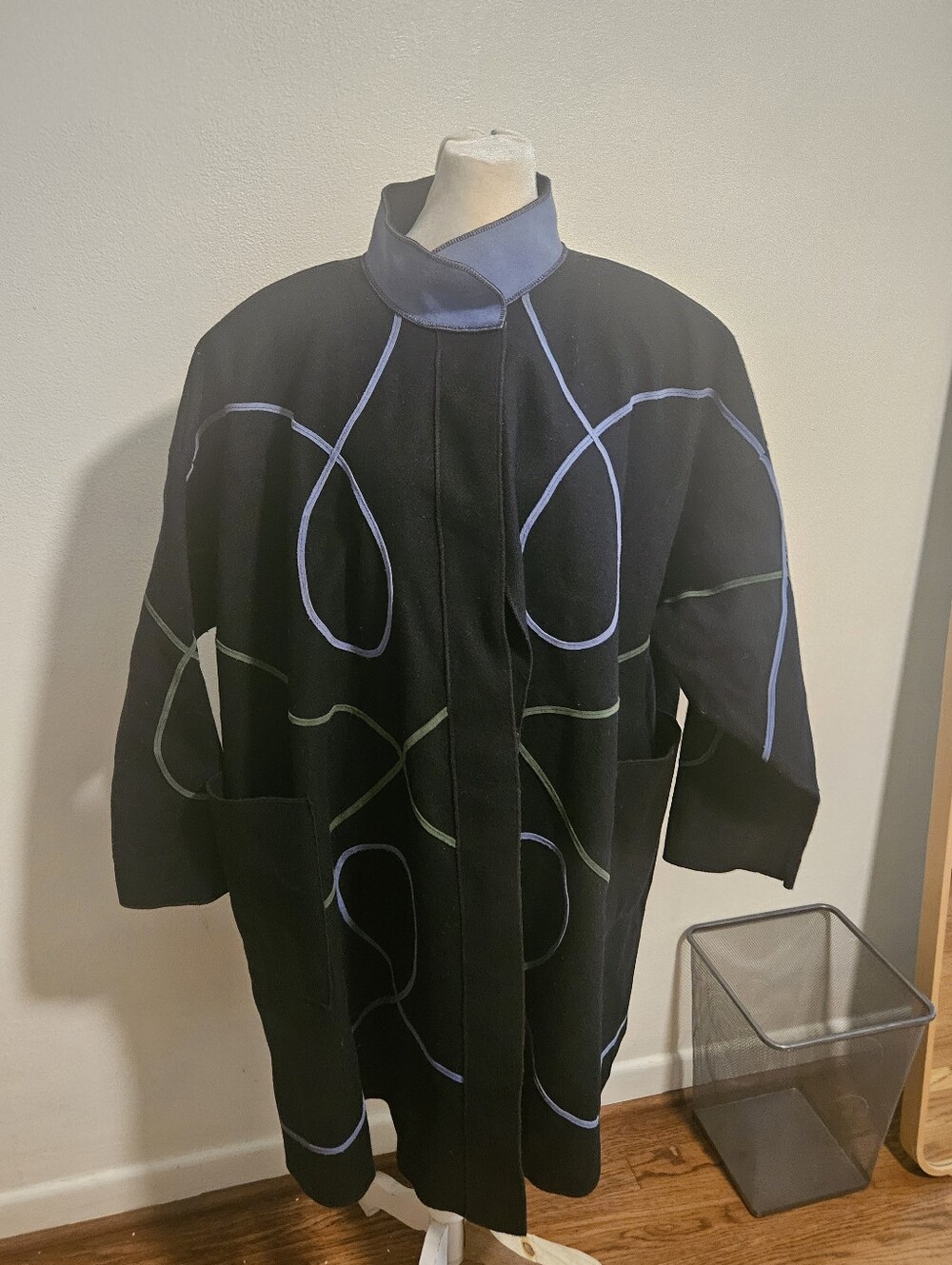 Vintage 80s Osgood Smuck Black Wool Coat with Blue & Green Piping Desginer Mediu
